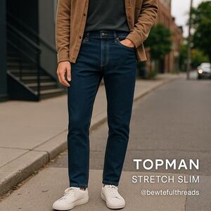 Topman Stretch Slim Jeans W34 L30 button fly Dark Blue Midweight Denim